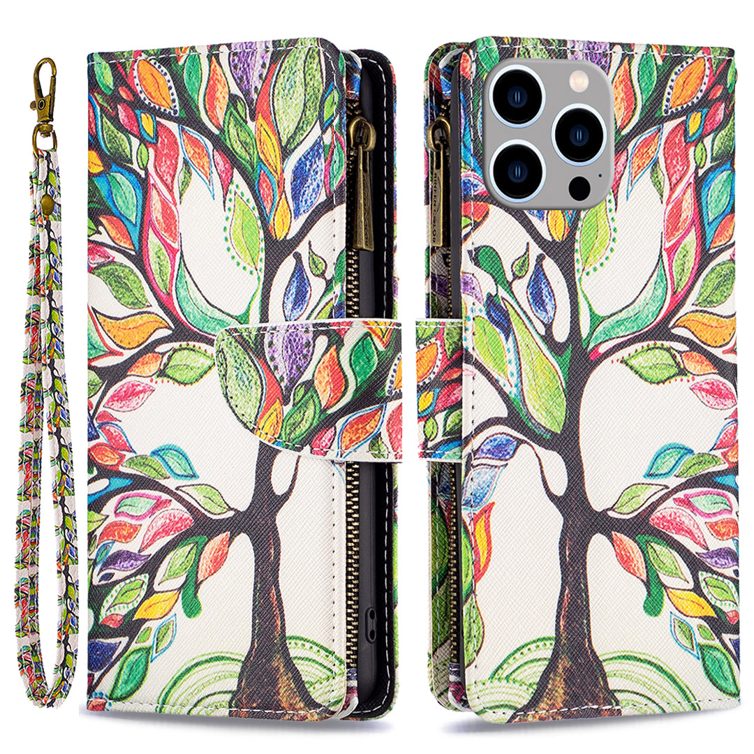 BF03 Zipper Pocket Phone Cover for iPhone 15 Pro Max , Pattern Printing Stand PU Leather Wallet Case - Life Tree BF03 Zipper Pocket Phone Cover for iPhone 15 Pro Max , Pattern Printing Stand PU Leather Wallet Case - Life Tree